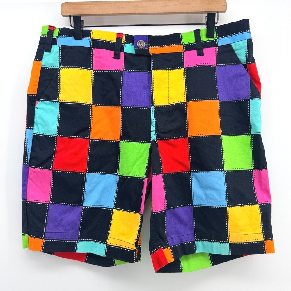 Loudmouth Golf Shorts Mens 34x9" Multi Color Patchwork Plaid Funky Retro Golf